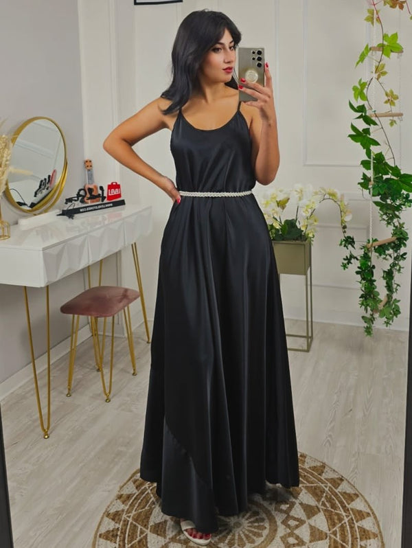Abito lungo in raso Scollo a V con bretelle Morbida Elegante - Nero - Level Stores