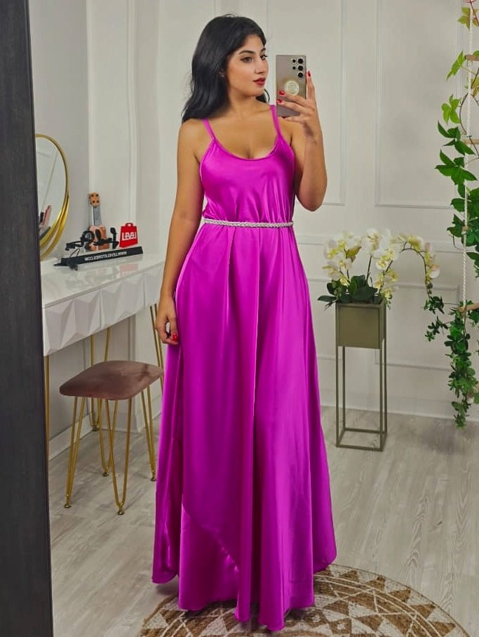 Abito lungo in raso Scollo a V con bretelle Morbida Elegante - Champagne - Level Stores
