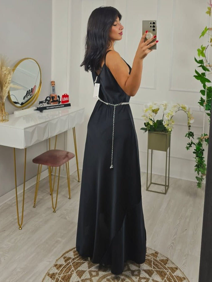 Abito lungo in raso Scollo a V con bretelle Morbida Elegante - Viola - Level Stores