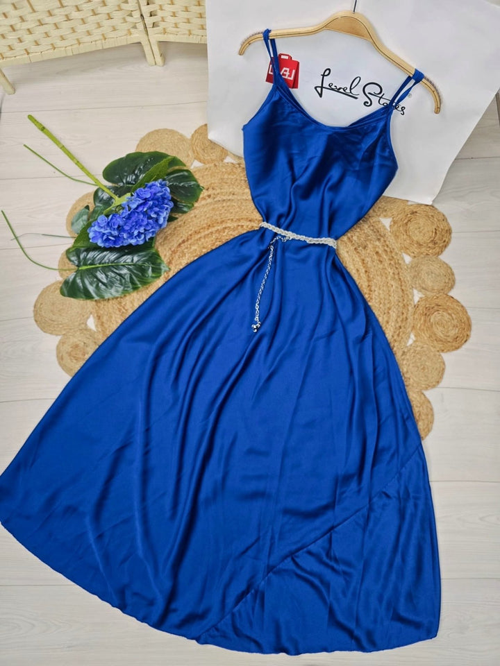 Abito lungo in raso Scollo a V con bretelle Morbida Elegante - Blu elettrico - Level Stores