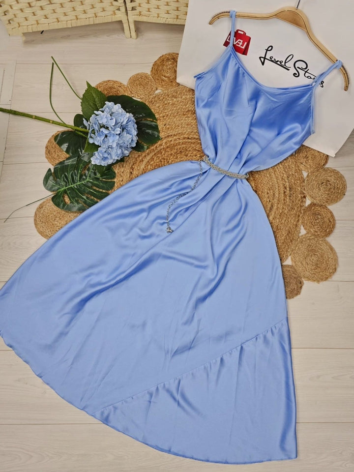 Abito lungo in raso Scollo a V con bretelle Morbida Elegante - Celeste - Level Stores