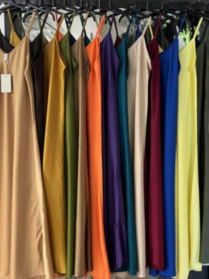 Abito lungo in raso Scollo a V con bretelle sottili Morbida Elegante - Viola - Level Stores