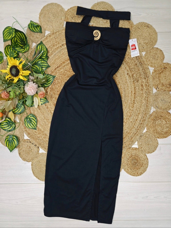 Abito lungo in tessuto effetto lycra con coppe preformate e modello a fascia scollo a cuore con bratelle stile collana elasticizzato Spacco Nero Level Stores