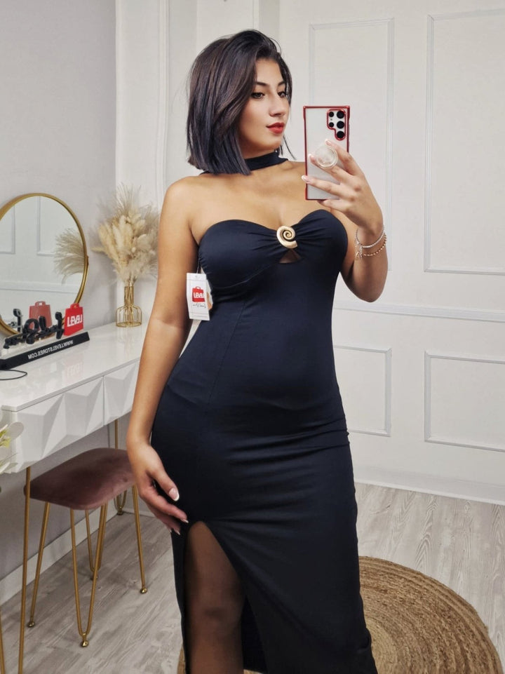 Abito lungo in tessuto effetto lycra con coppe preformate e modello a fascia scollo a cuore con bratelle stile collana elasticizzato Spacco Nero Level Stores