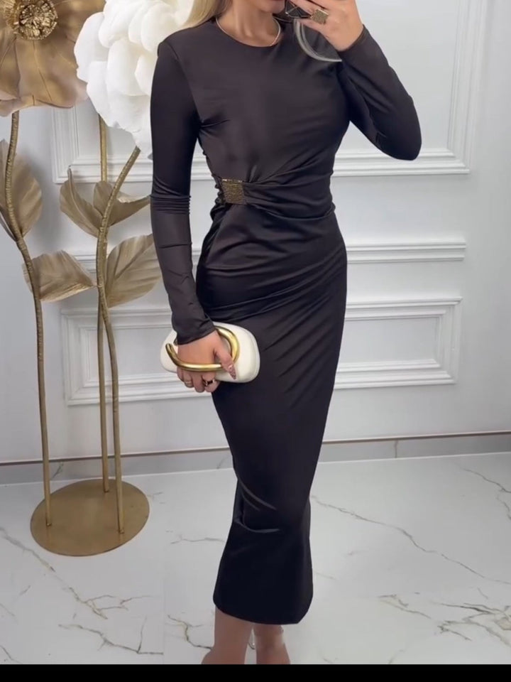 Abito lungo in tessuto effetto lycra con spalle elasticizzato Marrone Level Stores