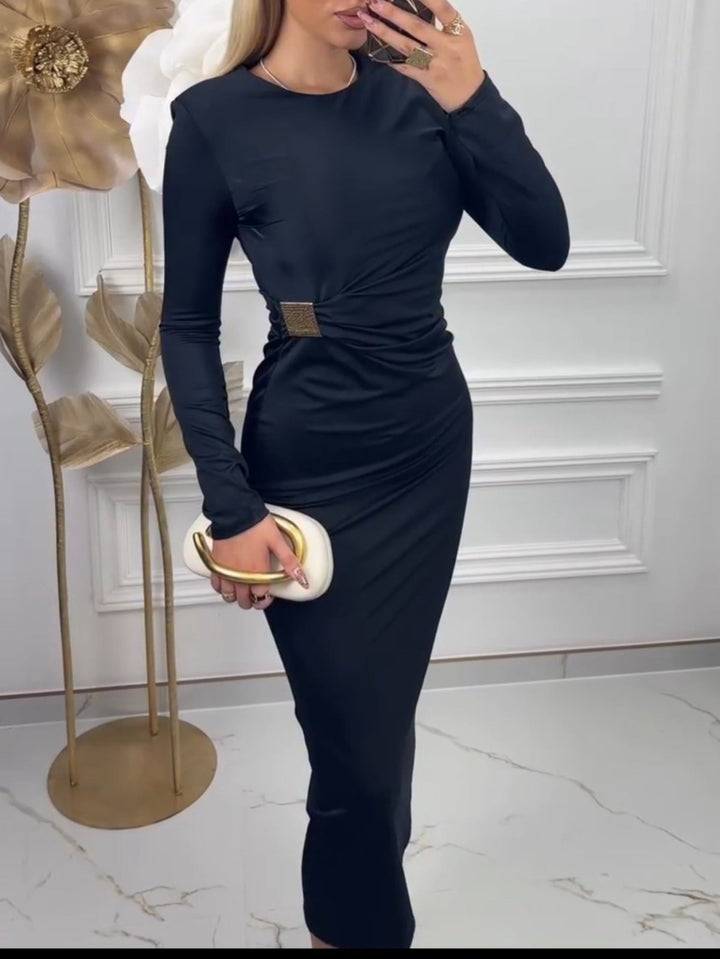 Abito lungo in tessuto effetto lycra con spalle elasticizzato Nero Level Stores