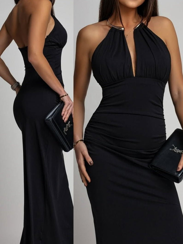 Abito lungo in tessuto effetto lycra elasticizzato elegante Nero Level Stores