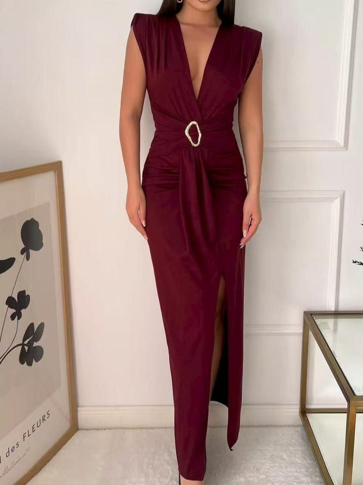 Abito lungo in tessuto effetto lycra scollo a v con spalle e spacco Vestibilità aderente ed elasticizzata Bordo Level Stores