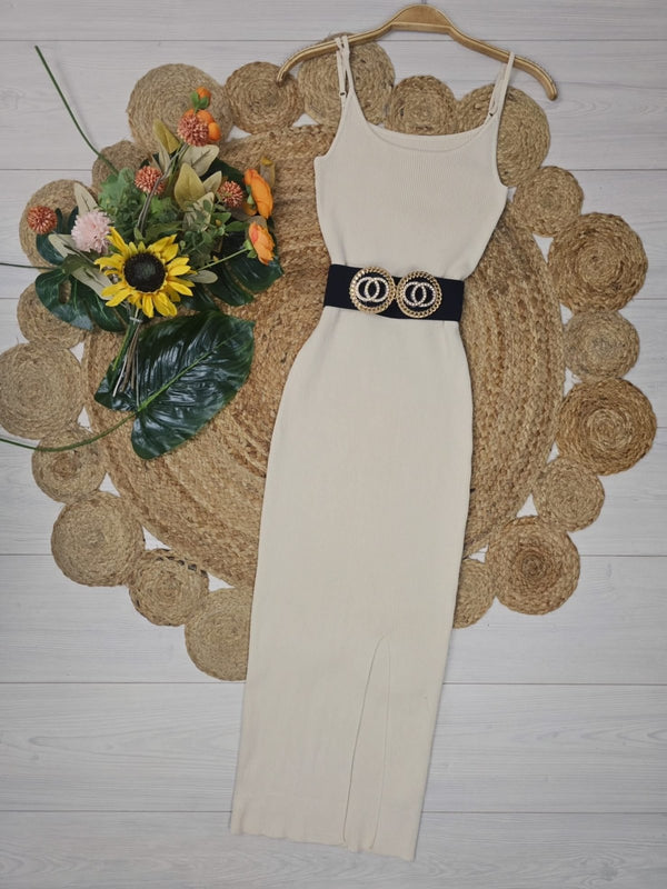 Abito lungo in viscosa con bretelle regolabili aderente e spaccon elasticizzato - Beige - Level Stores