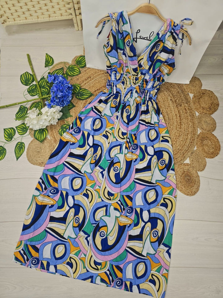 Abito lungo leggero fantasia astratta multicolore scollo a v Blu Level Stores