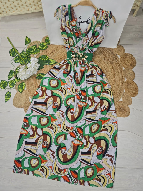 Abito lungo leggero fantasia astratta multicolore scollo a v Verde Level Stores