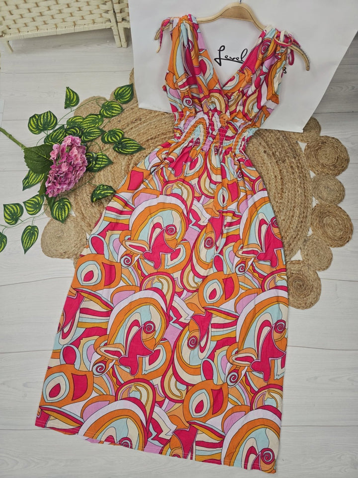 Abito lungo leggero fantasia astratta multicolore scollo a v Fucsia Level Stores