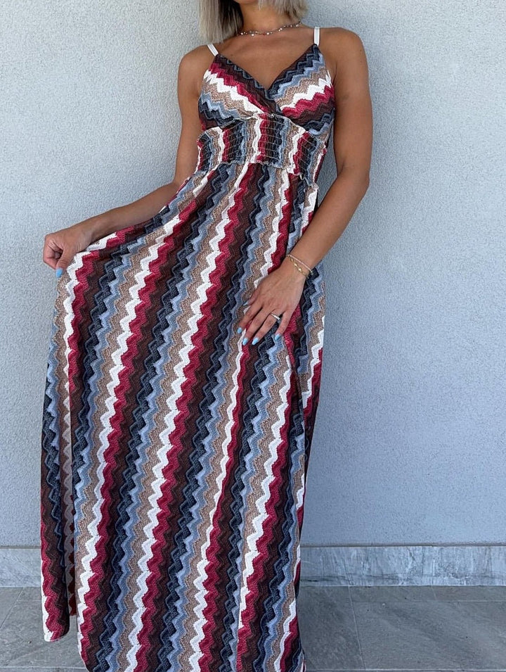 Abito lungo scollo a v con fantasia zig zig multicolore con fascia arricciata Elasticizzato - Bordo - Level Stores