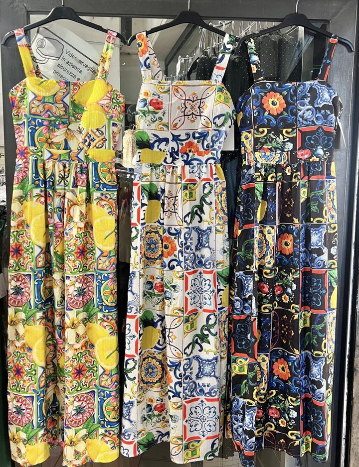 Abito lungo scollo quadrato con fantasia siciliana - Nero - Level Stores
