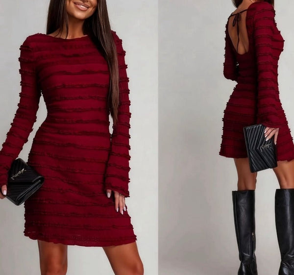 Abito manica lunga adetente elegante con volant elasticizzato Nero Level Stores