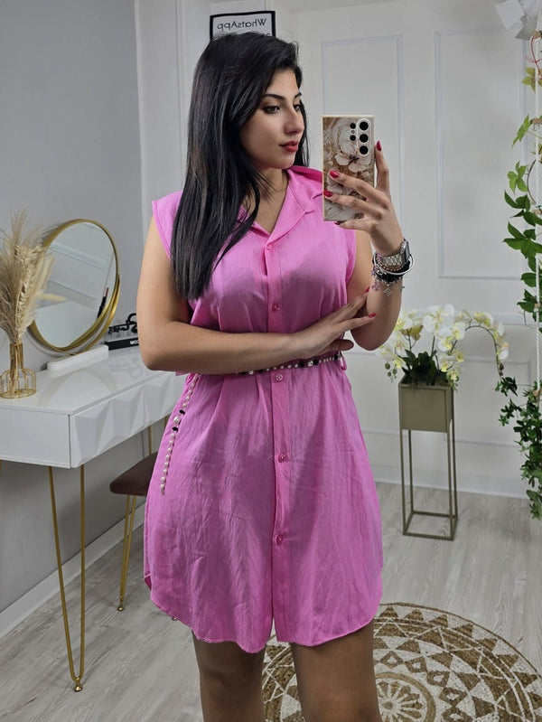 Abito smanicato modello chemisier Bottoni Colletto classico Cintura inclusa - Rosa - Level Stores