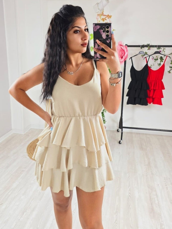 Abito spalline sottili elastico in vita e gonna lenta con volant - Beige - Level Stores