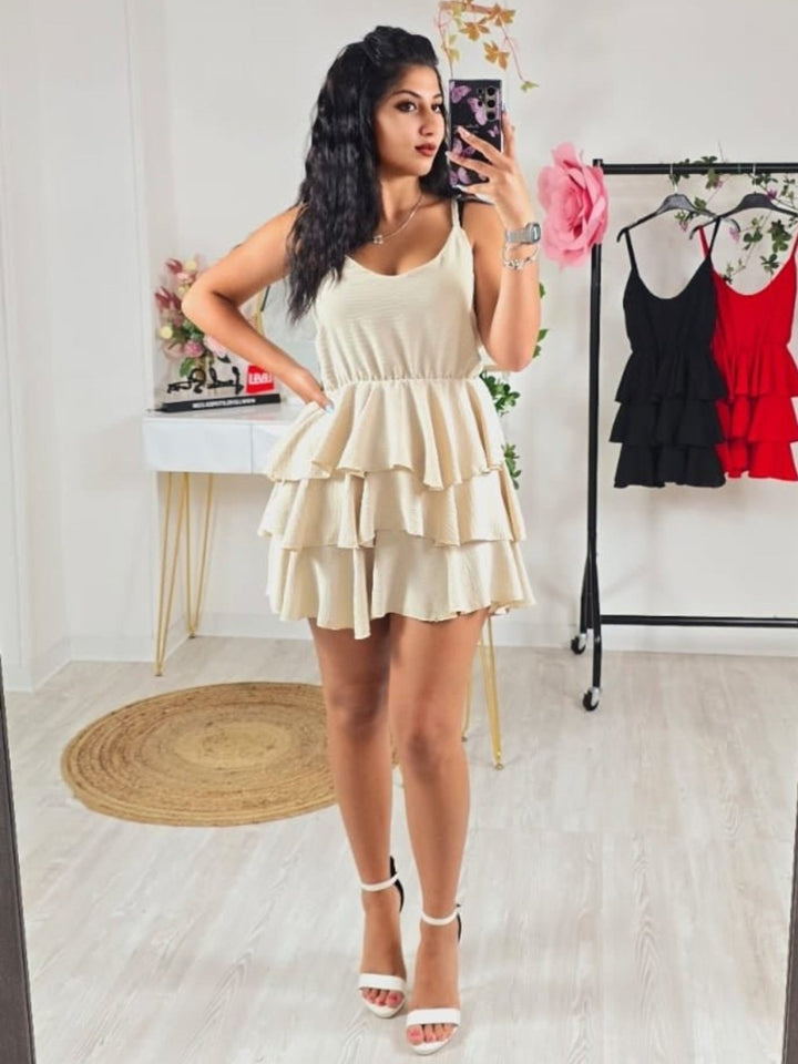 Abito spalline sottili elastico in vita e gonna lenta con volant - Beige - Level Stores