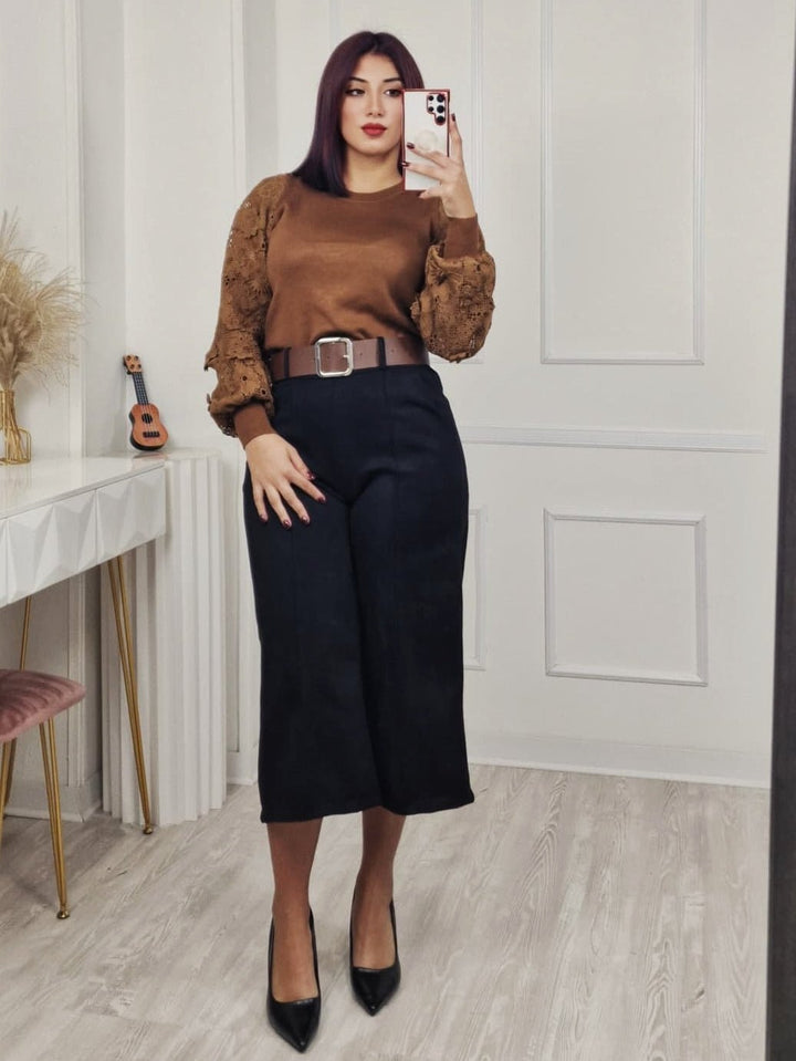 Bermuda Pantalone palazzo in dainetto dotati di elastico in vita inclusa la cintura Nero Level Stores