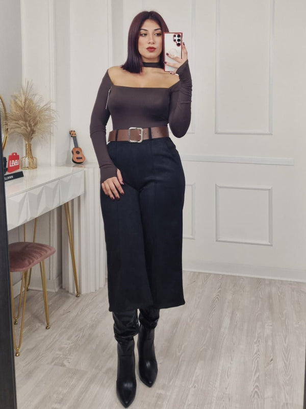 Bermuda Pantalone palazzo in dainetto dotati di elastico in vita inclusa la cintura Nero Level Stores