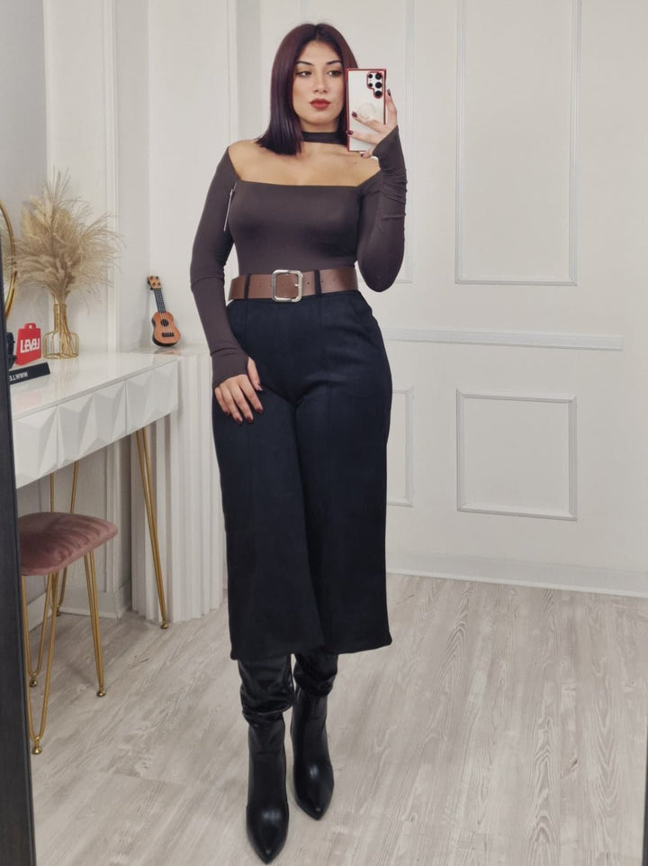 Bermuda Pantalone palazzo in dainetto dotati di elastico in vita inclusa la cintura Nero Level Stores