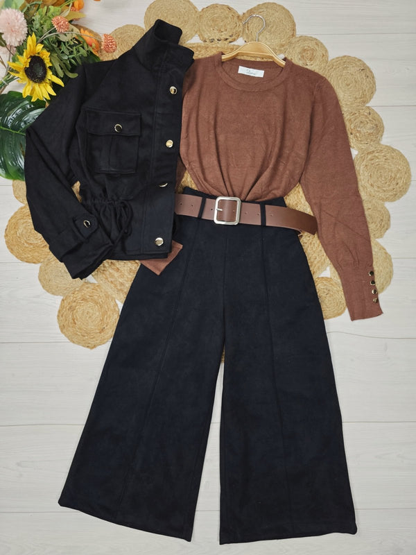 Bermuda Pantalone palazzo in dainetto dotati di elastico in vita inclusa la cintura Nero Level Stores