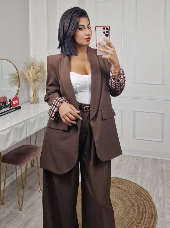 Blazer giacca con fodera manica lunga e tasche estetiche Marrone Level Stores