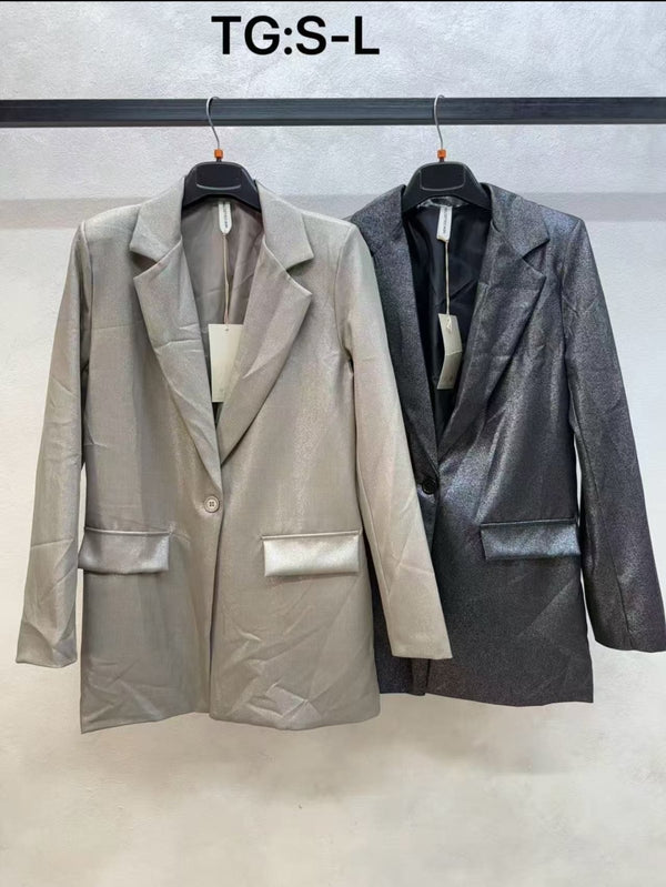 Blazer Giacca effetto laminato manica lungo con spalline bottone e foderata all'interno Nero Level Stores