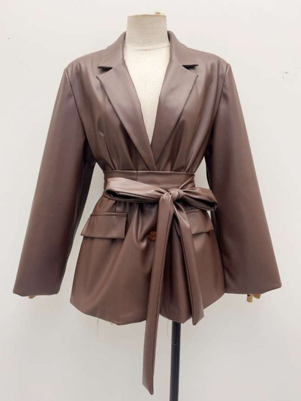 Blazer giacca in ecopelle con bottoni con cintura inclusa Marrone Level Stores