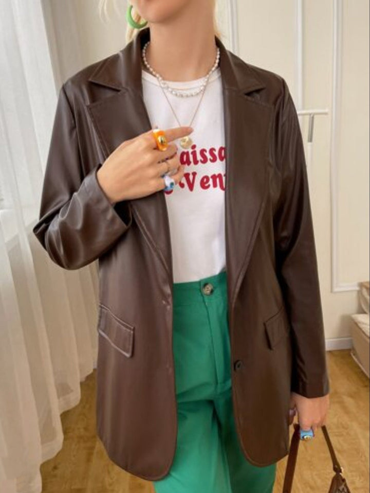 Blazer giacca in ecopelle con bottoni Marrone Level Stores