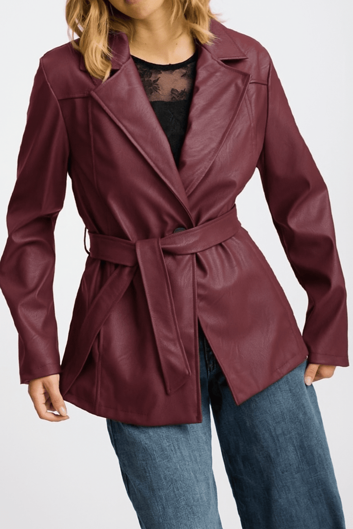 Blazer giacca in ecopelle in ecopelle con bottone inclusa la cintura Marrone Level Stores