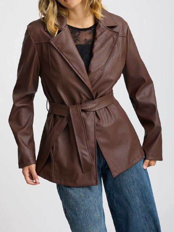 Blazer giacca in ecopelle in ecopelle con bottone inclusa la cintura Marrone Level Stores