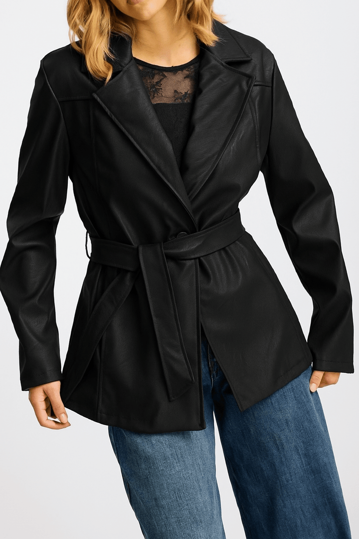 Blazer giacca in ecopelle in ecopelle con bottone inclusa la cintura Marrone Level Stores