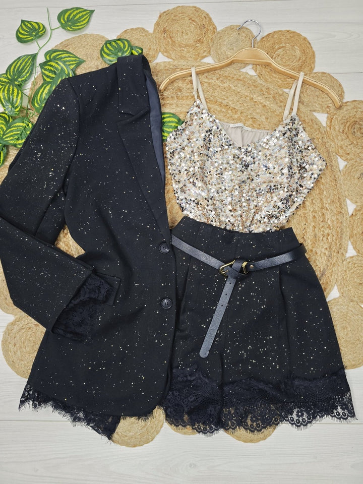 Blazer giacca in lurex con pizzo con fodera con bottoni Nero Level Stores