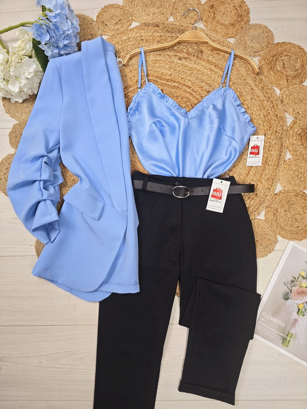 Blazer Giacca manica tre quarti modello Zara Sagomata spalline casual - Celeste - Level Stores