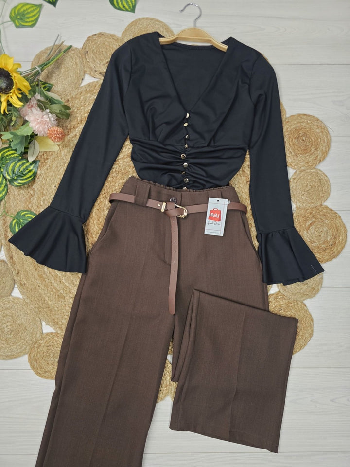 Body aderente scollo a v con bottoni con maniche lunghe Nero Level Stores