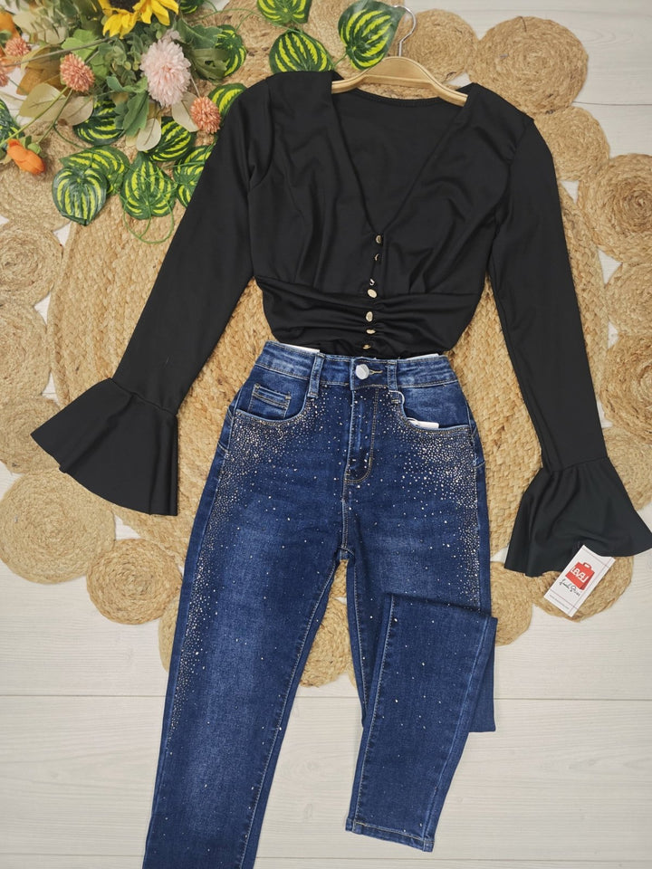 Body aderente scollo a v con bottoni con maniche lunghe Nero Level Stores