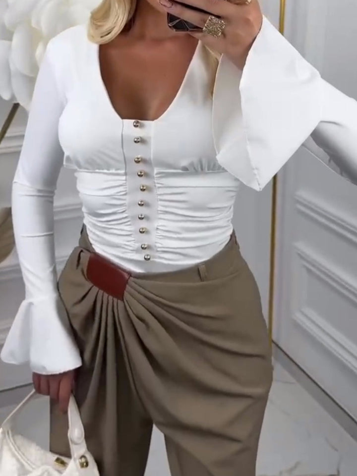 Body aderente scollo a v con bottoni con maniche lunghe Bianco Level Stores