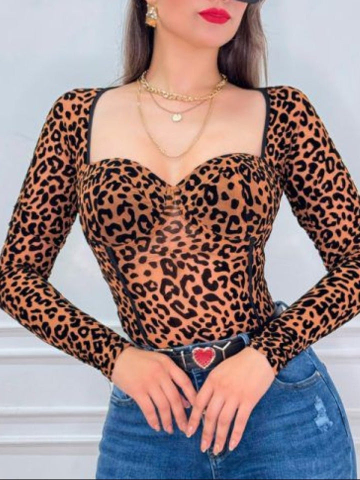 Body con fantasia maculato scollo a cuore con coppe preformate elasticizzato manica lunga Nero Level Stores