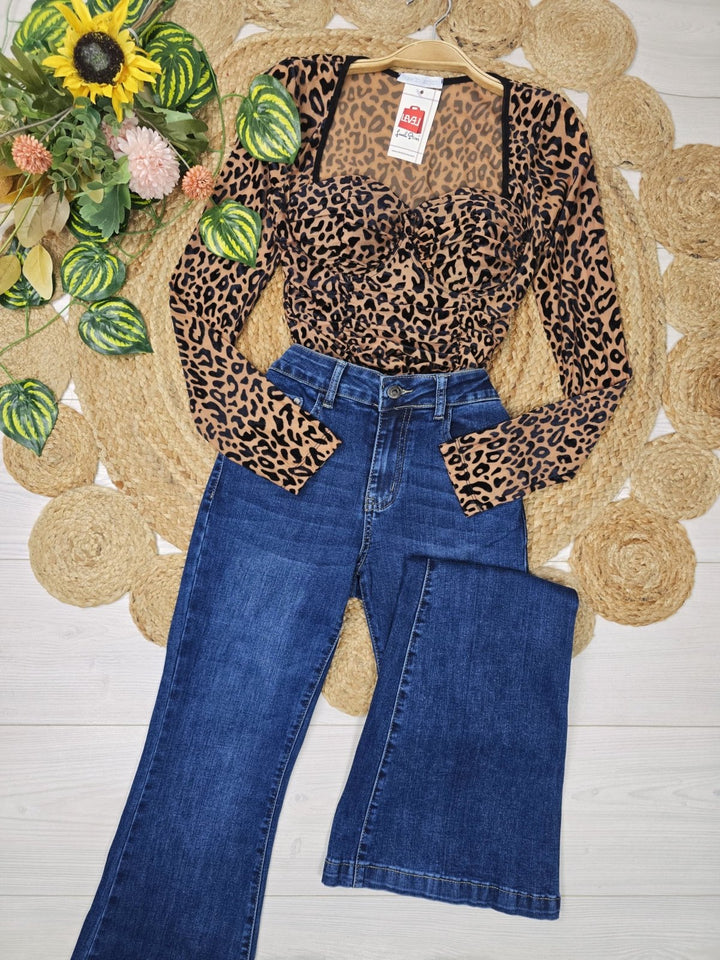 Body con fantasia maculato scollo a cuore con coppe preformate elasticizzato manica lunga Nero/Camel Level Stores