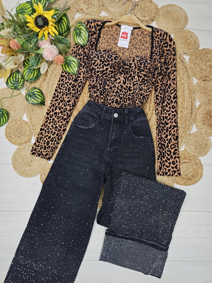 Body con fantasia maculato scollo a cuore con coppe preformate elasticizzato manica lunga Nero/Camel Level Stores