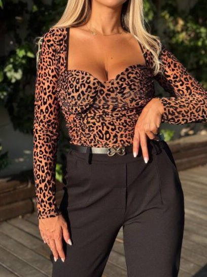 Body con fantasia maculato scollo a cuore con coppe preformate elasticizzato manica lunga Nero Level Stores