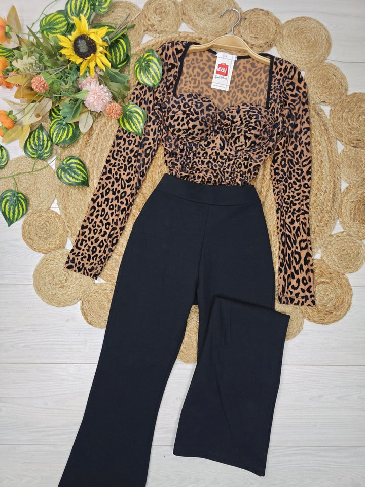 Body con fantasia maculato scollo a cuore con coppe preformate elasticizzato manica lunga Nero/Camel Level Stores