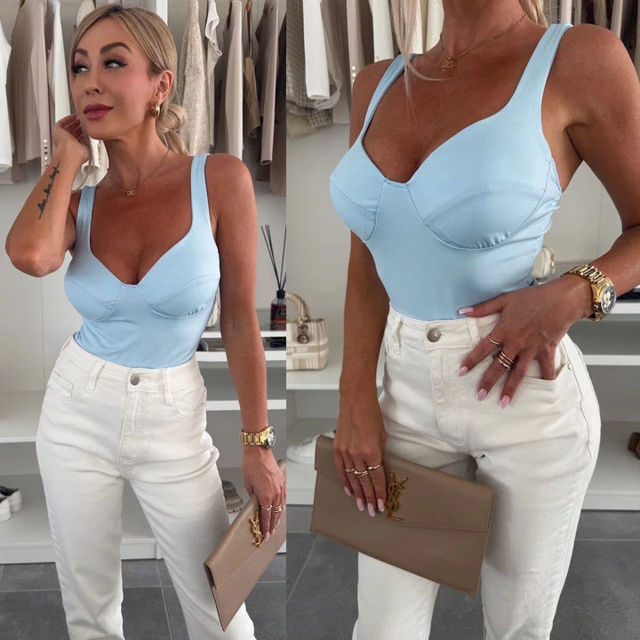 Body Donna in lycra con coppe scollo a cuore - Celeste - Level Stores