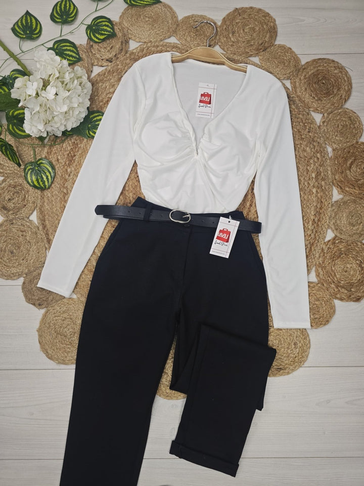 Body elasticizzato scollo a V Coppe preformate manica lunga aderente Casual Bianco Level Stores