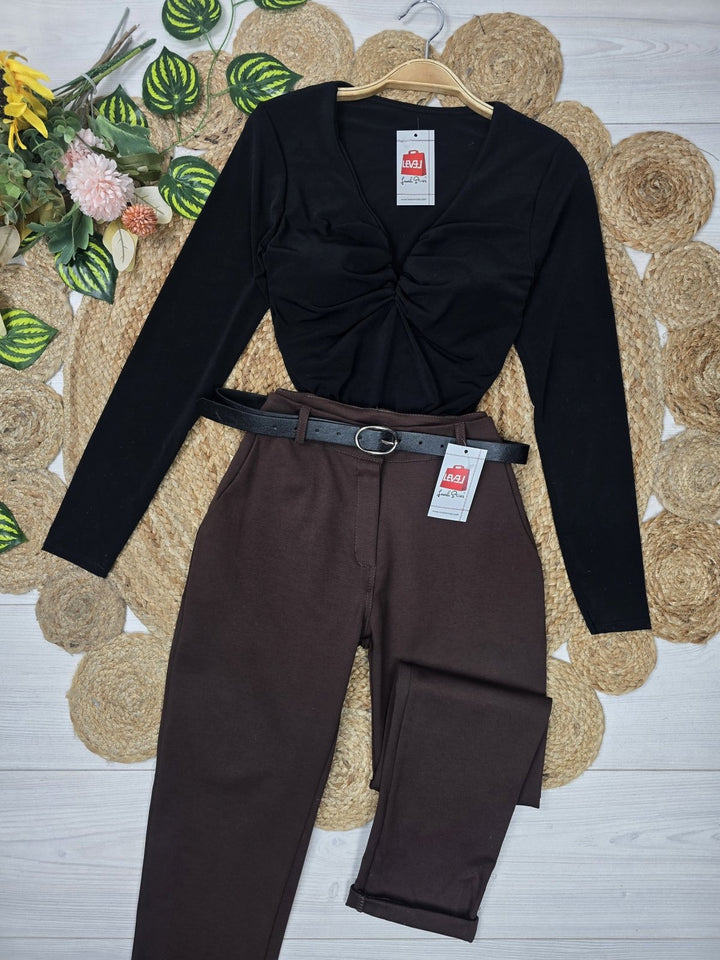 Body elasticizzato scollo a V Coppe preformate manica lunga aderente Casual Bordo Level Stores