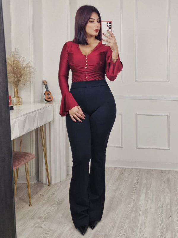 Body in lycra aderente scollo a v con bottoni con maniche lunghe Bordo Level Stores