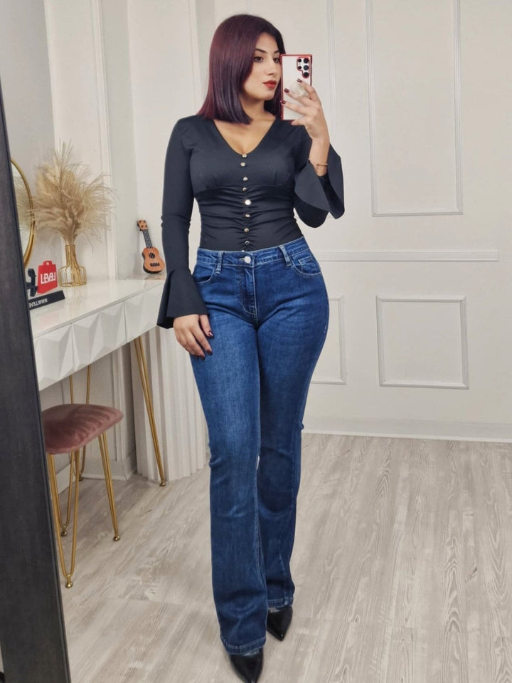 Body in lycra aderente scollo a v con bottoni con maniche lunghe Bordo Level Stores