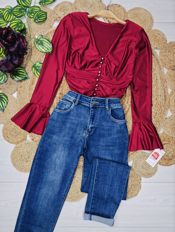 Body in lycra aderente scollo a v con bottoni con maniche lunghe Bordo Level Stores