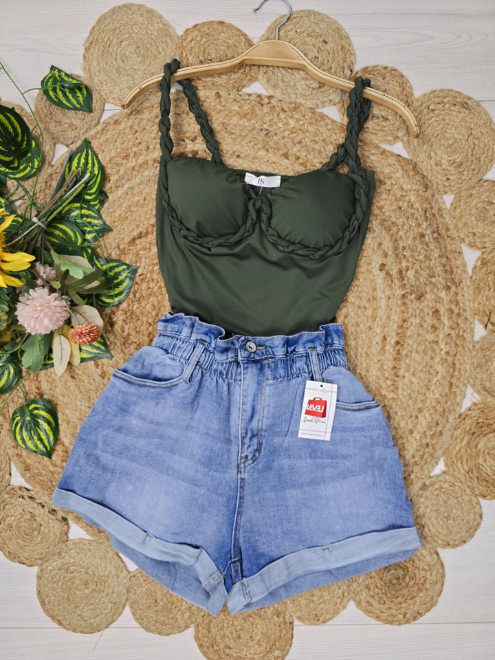 Body in lycra con bretelle intrecciate coppe preformate elasticizzato Verde militare Level Stores